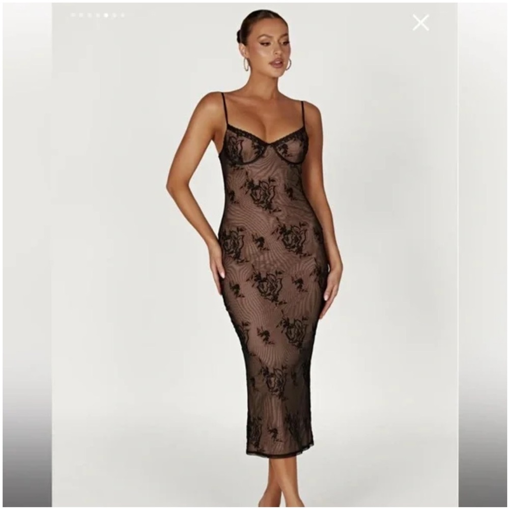 MESHKI Venice embroidered mesh midi dresss